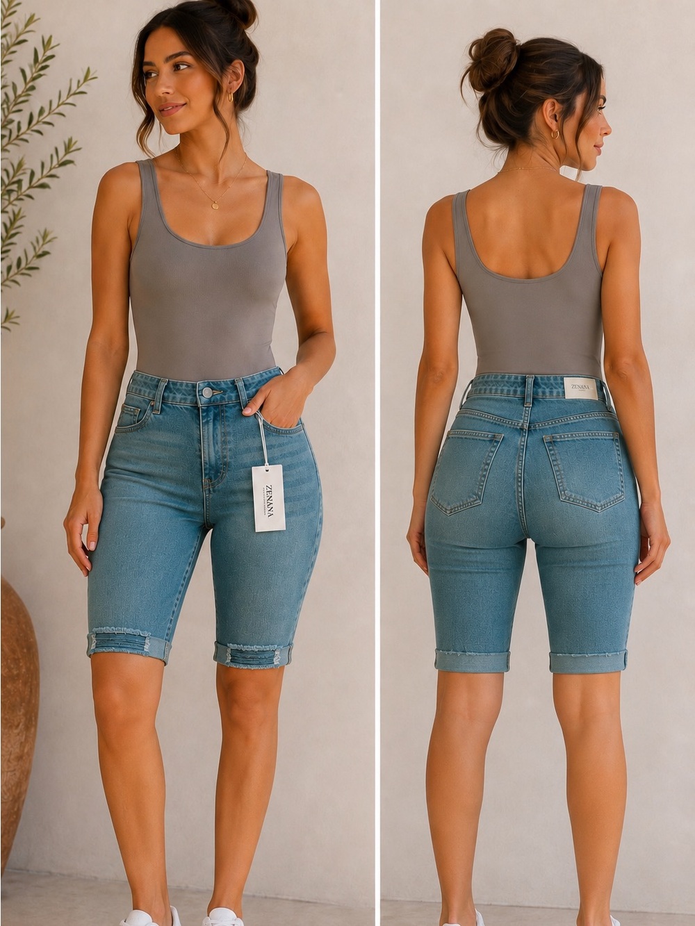 Zenana Outfitters Light Blue Grey Rolled-Hem Denim Bermuda Shorts